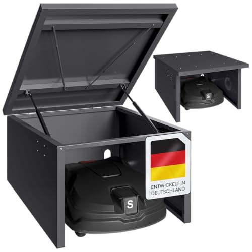 STEELSØN Drakon Mähroboter Garage - Garage für Mähroboter aus Stahl - Mähroboterhaus mit Pultdach für Garten witterungsbeständig & UV-Schutz - Rasenroboter Garage in Anthrazit 90x76x53.5/42.5 cm