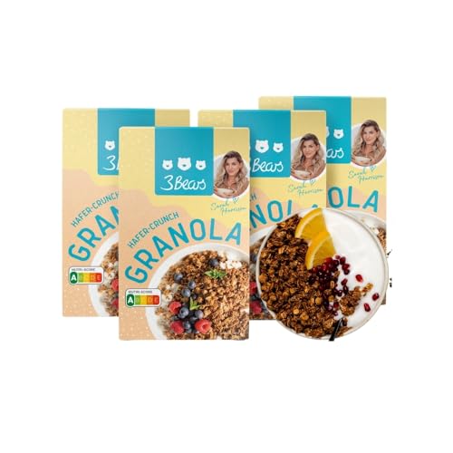 3Bears Granola – Hafer-Crunch | Knuspriges & veganes Granola mit Kokosflocken und Zimt, 4x325g | Ohne Industriezucker | In Kooperation mit Sarah Harrison