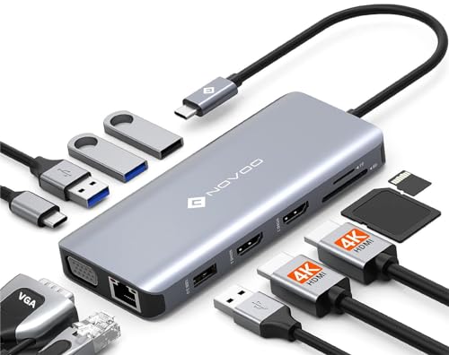 NOVOO USB C Docking Station Triple Display 11 in 1 USB C Dual 4K@60Hz HDMI USB C Hub VGA Adapter Gigabit Ethernet 100W PD,4 USB Datenports,SD/TF Multiport Dock für MacBook M1 M2 HP Dell Lenovo Surface