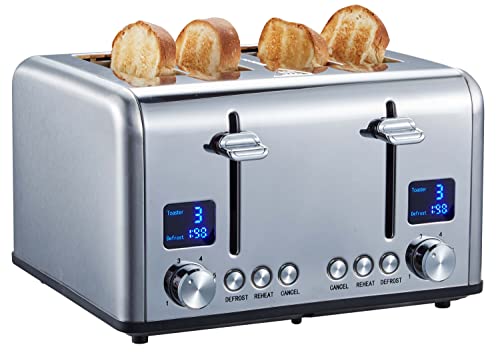 Steinborg Toaster Langschlitz | Digitales Display mit Countdown | Beleuchtete Tasten | 4 Scheiben Toastautomat | XXL Toaster | 1630 Watt | Brötchenaufsatz | Auftau-Funktion | Krümmelschublade |