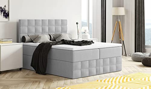 Moderne Boxspringbett MERA Premium Bett mit Bettkasten Ziernähten Bonell Matratze H3 Federkern Topper Polsterbett Doppelbett Schlafzimmer (Hellgrau - Aura 15, 160 x 200)