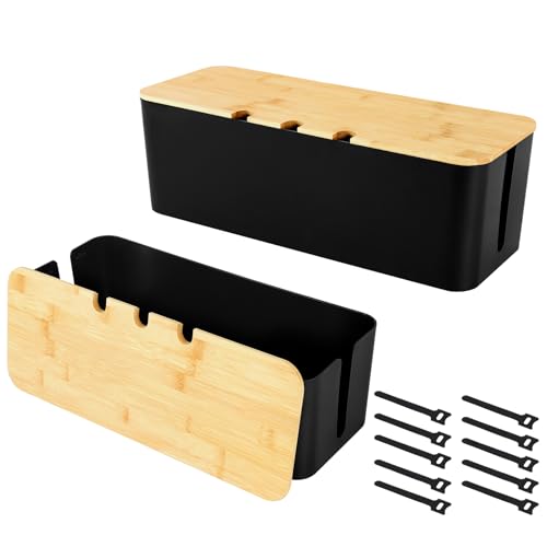 2 Stück Kabelbox, Kabelmanagement Box, Kabel Organizer Box Mit Holzdeckel, Cable Management Box, Kabelorganisator Box zum Verstecken und Ordnen von Kabeln, Cable Organizer Box Groß und Mittlere