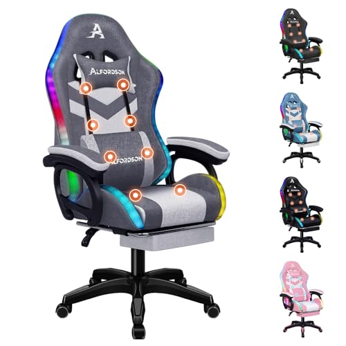 ALFORDSON Gaming Stuhl, Racing Gamer Stuhl mit LED RGB Beleuchtung, Massaging Computersessel mit Fußstütze, Ergonomischer Drehstuhl mit hebelbetätigter Rückenlehne, Stoff, Spleißgrau