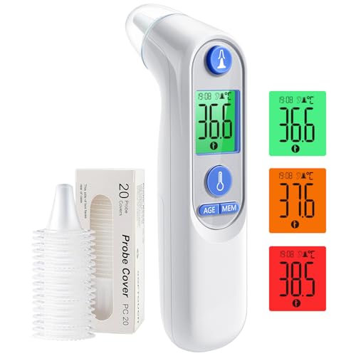 Ohrthermometer für Baby Erwachsene, Ohr Fieberthermometer mit Altersmessung und farbcodierte Temperaturanzeige, digitales infrarot-Thermometer mit 21*Einweg-Schutzkappen