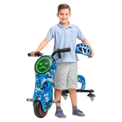 Kinder Elektro Driftscooter, 180W Drift Scooter mit LED-Anzeige, Drift Cart 360-Grad-Drehung, 3 Geschwindigkeitsstufen, Kinder Auto Elektro Sitz Verstellbar, Drift Kart Drift Auto (Camouflage Blau)