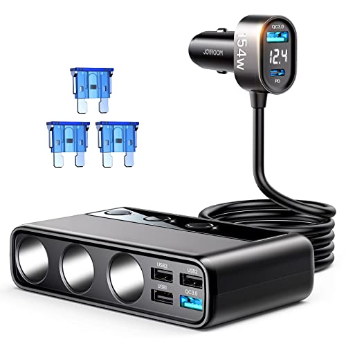 JOYROOM 210W Zigarettenanzünder Verteiler,【2025 Upgrade】 Auto KFZ Ladegerät Adapter, 3 Fach 12V/24V Stecker Ladekabel Splitter mit 36W PD & 5 USB Anschlüsse für iPhone 16/iPad/Dashcam/GPS/Sitzheizung
