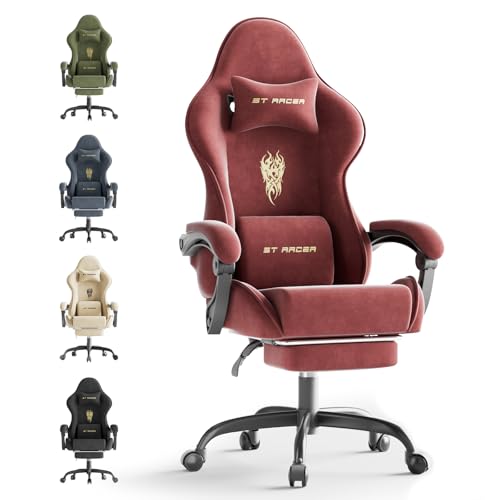 Ferghana Gaming Stuhl Ergonomisch,Gaming Chair，Atmungsaktiver Bürostuhl aus Hochwertigem Stoff，Computerstuhl mit verstellbare Kopfstütze und Lendenkissen，Armlehnen，Fußstütze，Racing PC Stuhl ，Rot