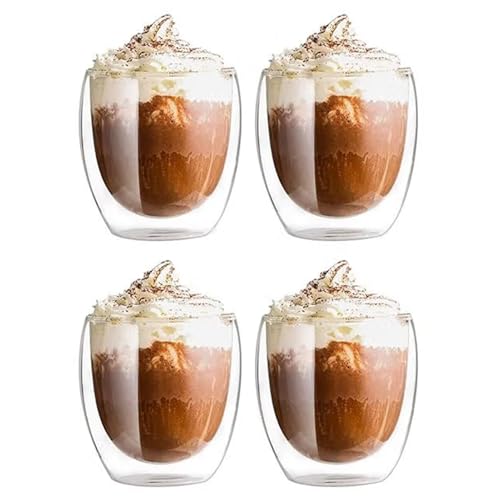 4er Set Cappuccino Tassen Gläser 250ml aus Borosilikatglas - Doppelwandig Gläser, Hitzebeständig Kaffeetassen & Perfekt für Cappuccino, Kaffee & Tee
