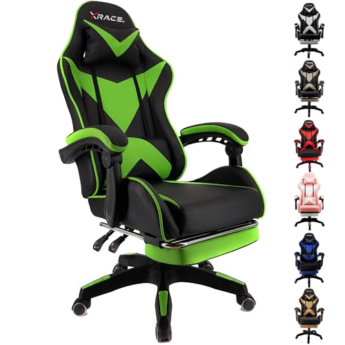 xRace Gaming Stuhl, Bürostuhl, Ergonomischer Pc Stuhl, Gaming Sessel aus Leder mit Lendenwirbelstütze, Verstellbarer Drehbarer, Task Stühle mit Fußstütze und Kopfstütze, Grün