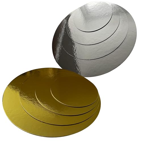 BWELY Cake board 4er Set - Ø 15 + 20 + 25 + 30 cm - Rund Tortenunterlagen - 2mm und 3mm, Beiseitig verwendbar Gold & Silver - Tortenteller, Pappe Tortenplatte