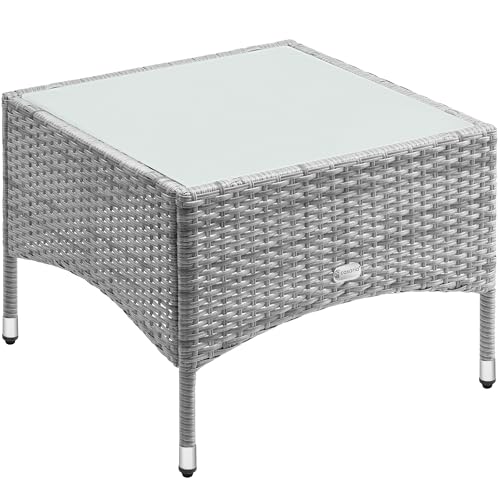 Casaria® Beistelltisch Polyrattan Grau 58x58cm Wetterfest Höhenverstellbar Outdoor Glasplatte 80kg Belastbarkeit Garten Balkon Terrasse Lounge Tisch