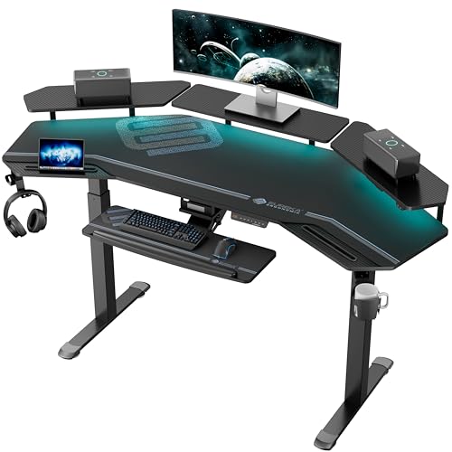 EUREKA ERGONOMIC Höhenverstellbarer Schreibtisch 182×76cm Stehpult in Flügelform Gaming Tisch Höhenverstellbar Elektrisch Groß Gaming Schreibtisch mit Led Monitorständer und Tastaturablage