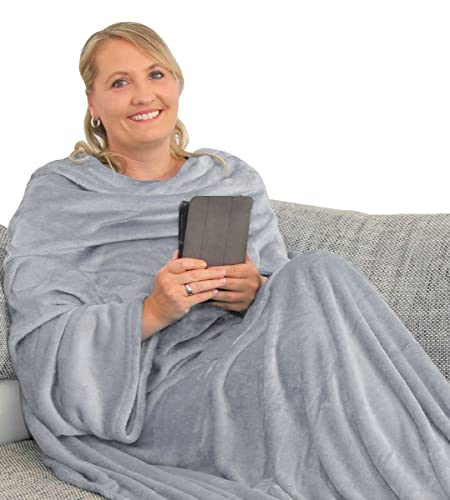 L.E.M.B. Hometrends Kuscheldecke mit Ärmeln TV Decke Sofadecke Ärmeldecke Wohndecke Fleecedecke Mikrofaser Strokkur 170 x 200 cm hellgrau