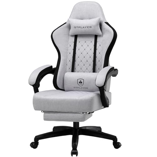 GTPLAYER Gaming Stuhl Ergonomischer Gaming Sessel Schreibtischstuhl mit Stoffoberfläche, Federsitzkissen, Verbindungsarmlehnen und Fußstütze Weiß-Grau