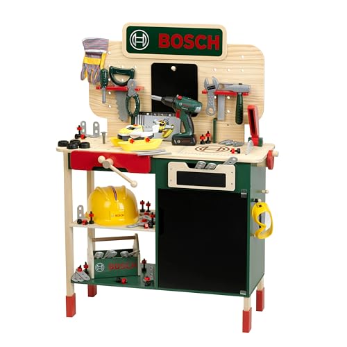 Theo Klein 8734 Bosch Holzwerkbank I Robuste Kinderwerkbank, höhenverstellbar I Elektr. Akkuschrauber, Werkzeuge mit Licht und Sound I Spielzeug für Kinder ab 3 Jahren