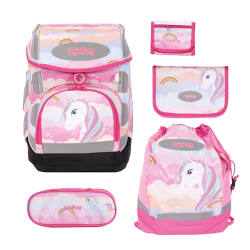 JojoBag Schulranzen-Set I Ergonomischer Schulranzen für Jungen & Mädchen I Komplettset mit Federmäppchen, Sportbeutel & Geldbörse I Leicht & Reflektierend (Einhorn)