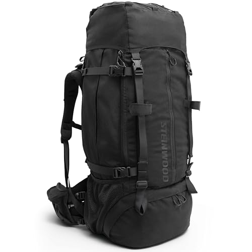 Steinwood Trekkingrucksack 70L (neu 2024), Wanderrucksack, Backpacker-Rucksack, Reiserucksack, wasserabweisend mit Regenhülle, schwarz