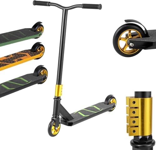 GYMAX Stunt Scooter mit 360° Lenkung, Kickscooter mit ABEC-7 Kugellager, 110 mm PU Rädern, Aluminiumdeck & Grip-Tape, 100 kg belastbarer Funscooter, Trick Scooter für Kinder ab 10 Jahren (Schwarz)