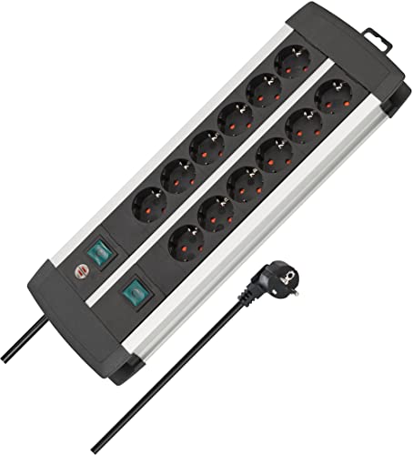Brennenstuhl Premium-Alu-Line Steckdosenleiste 12-Fach/Mehrfachsteckdose aus hochwertigem Aluminium (mit 2 Schaltern für je 6 Steckdosen und 3m Kabel, Made in Germany)