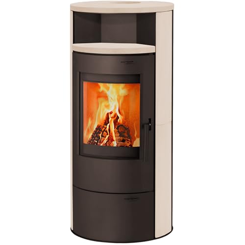 Kaminofen München V3 braun Speckstein Creme weiß beschichtet 7kw Speicherofen mit Steinverkleidung Panoramatür Holzofen Dauerbrand geeignet Schwedenofen 150mm Abgasstutzen selbstschließende Tür