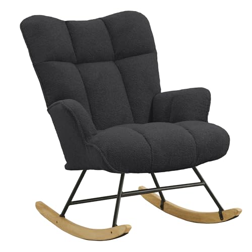 XH.Easy Go Schaukelstuhl Stillsessel Schaukelsessel mit Armlehnen Gepolsterter Schwingsessel Stillstuhl Sessel Relaxsessel für Wohnzimmer Schlafzimmer Babyzimmer, Bis 120 kg Belastbar, Schwarz