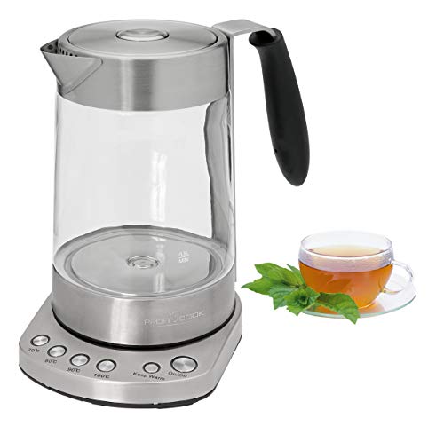 ProfiCook® Glas-Wasserkocher | 1,7 Liter | Glas-/Edelstahlgehäuse | 70° C bis 100° C | 3000 Watt max. | gummierter Griff | Edelstahlteefilter | Warmhaltefunktion | PC-WK 1020 G