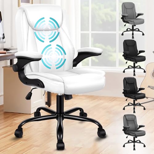 ALFORDSON Massagebürostuhl, Computerbürostuhl, Schreibtischstuhl mit mittlerer Rückenlehne, 150 kg Tragkraft, 90-135° verstellbare Rückenlehne, ergonomischer PC-Stuhl, PU-Leder, Weiß