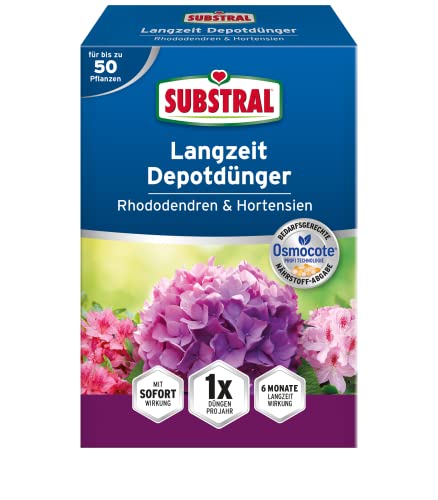 Substral Langzeit Depotdünger für Rhododendren & Hortensien, Himbeeren, Heidelbeeren, u.a, düngt 6 Monate, 750g, grün