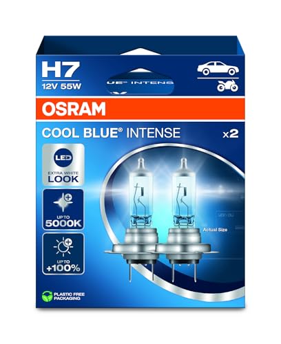 OSRAM COOL BLUE® INTENSE H7, +100% mehr Helligkeit, bis zu 5.000K, Halogen-Scheinwerferlampe, LED-Look, Hängebox (2 Lampen)