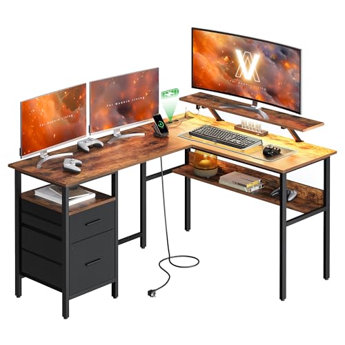 VASAGLE L-förmiger Schreibtisch mit Steckdosen, Eckschreibtisch, Computertisch, Monitorständer, Gaming-Tisch, LED-Beleuchtung, USB-Anschlüsse, 150 x 120 x 76 cm, Homeoffice, vintagebraun LWD095K01