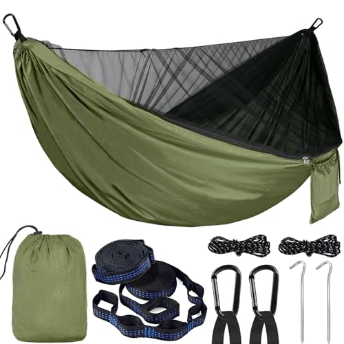 PQETBV Camping Hängematte, 270 x 140 cm Hängematte Outdoor Camping, Hängematte mit Moskitonetz, Klappbar Reisehängematte für Garten, Indoor, Balkon, Terrasse, Camping