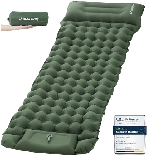 HAUSPROFI Isomatte Selbstaufblasend, 10cm Ultraleicht Isomatte Camping, Aufblasbare Isomatte, Camping Matratze, Luftmatratze Camping, Campingmatte mit Fußpumpe und Kopfkissen für Outdoor, Armeegrün