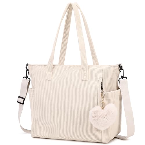 Makukke Cord Tote Bag Tasche Damen Umhängetasche Groß Shopper Tasche Handtasche Schultertaschen für Arbeit Büro Reisen Einkaufen Schule, Beige Tasche