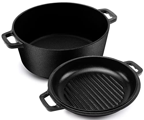 KICHLY 2 in 1 Gusseisen Topf Mit Doppelter Zweck Grillpfannendeckel - Vorgewürzter Gusseiserner Dutch Oven – Brot Backen, Kochen, Braten, Schmoren & Grillen – Im Innen- Und Außenbereich