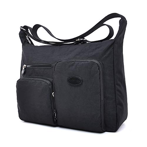 Efanliu Große Umhängetaschen Damen Leichte Schultertasche Tasche Crossover Handtasche Nylon Sporttasche Stofftasche Wasserdicht (Schwarz, XL)