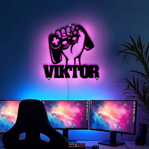 Personalisiertes Gamer LED Schild HDF Schwarz | Gaming Lampe mit Wunschname für Jugendzimmer Jungen Mädchen | Deko Leuchtschild für Zockerzimmer, Schreibtisch & Wand | Gamer Geschenk