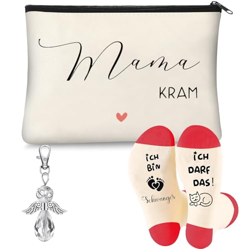 Nuenen 3pcs Geschenke für Mama Kosmetiktasche Bag für Werdende Mama Mutter Beutel mit Reißverschluss Socken Engel Schlüsselanhänger Neue Geschenke für Geburt für Schwangere
