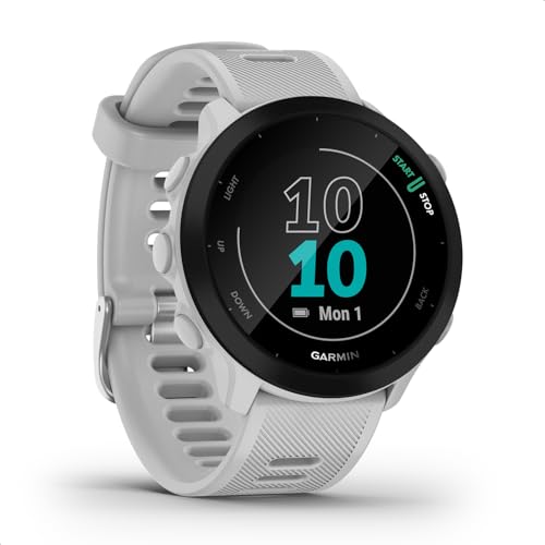 Garmin Forerunner 55 – GPS-Laufuhr mit 1,04“ Always-On-Farbdisplay, täglichen Trainingsempfehlungen, Laufzeitprognose, über 15 Sport-Apps und bis zu 14 Tagen Akkulaufzeit. Weiß