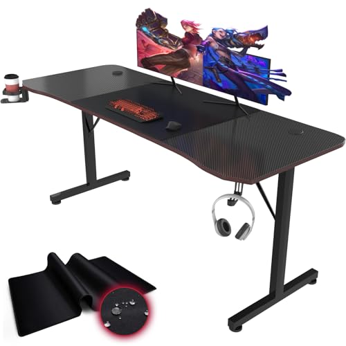 Devoko Gaiming Tisch 180cm Gaming Schreibtisch Gamer Computertisch Ergonomischer PC Schreibtisch mit Kabelaufbewahrungsbox, Getränkehalter und Kopfhörerhalter T-förmiger (Schwarz, 180 x 60 x 75 cm)