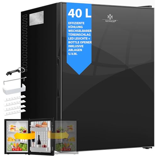 KESSER® Mini Kühlschrank 40L mit Glasfront Minibar ideal für Camping, Büro, Schlafzimmer, Hotel, Küche kleiner Kühlschrank komplett lautlos, wechselbarer Türanschlag, Innenbeleuchtung inkl. Glasöffner