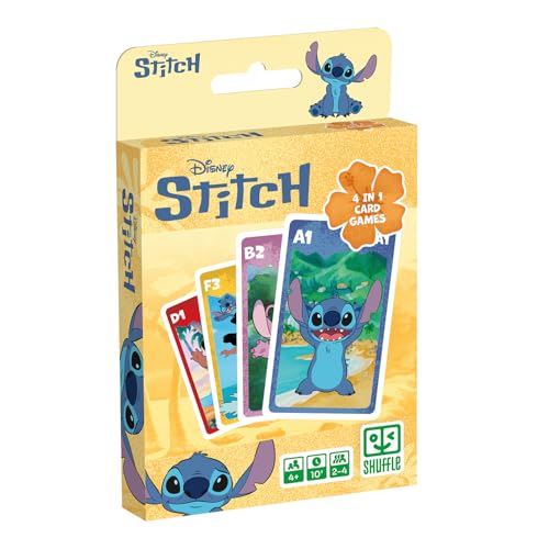 Shuffle – 4-in-1-Kartenspiel Stitch – 7 Familien, Schlacht, Memo und Action – Disney Lilo & Stitch Kartenspiel für Kinder, Familie und Freunde – ab 4 Jahren, ab 2 Spielern