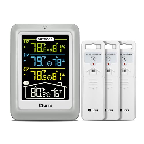 U UNNI Funk Wetterstation mit 3 Außensensoren, 4.5 Zoll Display Temperatur Feuchte Monitor mit 100M/ 330FT Reichweite Sensor und 3 Verstellbare Hintergrundbeleuchtung (Mehrfarbig)