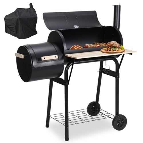 Jiubiaz BBQ Smoker mit Grillabdeckung, Tauch-Holzkohlegrill | Räuchern und Grillen in einem | Mit Thermometer, verstellbarem Abzug und Abluftkamin | Mit Holzablagen und Regalen