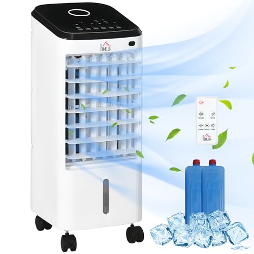 HOMCOM Mini Klimagerät 3 in 1 Luftbefeuchter Tragbarer Luftkühler Fan mit 3 Stufen, 60° Oszillation Timerfunktion, Fernbedienung für Schlafzimmer, Büro