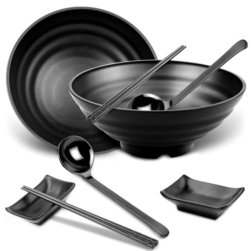 2 Stück Ramen Schüssel Set 1020ml Ramen Bowl Set Schwarz Bowl Schüssel Groß Japanisches Geschirr Ramen Set mit 24cm Essstäbchen Löffel Dip Schälchen für Suppen Salate Pasta Obst Sushi