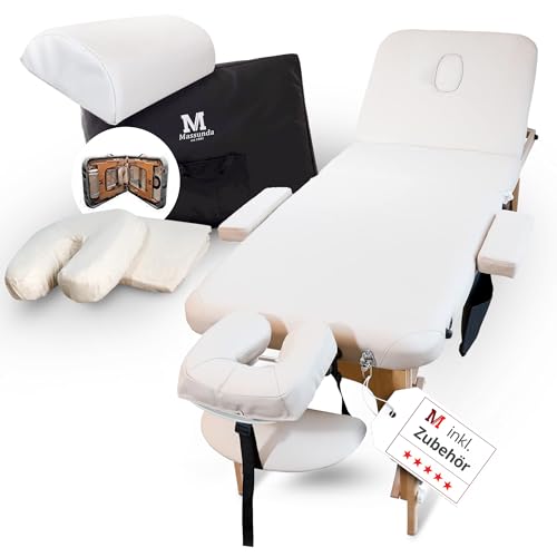 MASSUNDA® – Mobile 3 Zonen Massageliege klappbar & höhenverstellbar – Stabiler Massagetisch aus Vollholz – All-Inkl. Massagebank mit ergonomischer Kopfstütze, Bezug, Armablage, Kissen (Creme)