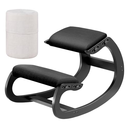 MallVitally Adjustable Kniestuhl, Ergonomischer Schaukelstuhl aus Holz - Verbessern Sie Ihre Körperhaltung mit einem angewinkelten Sitz für Zuhause, Büro (Schwarz)