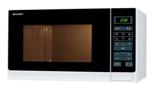 Sharp R342WW Solo-Mikrowelle / 25 L / 900 W/LED-Display / 8 Automatikprogramme/Timer/Gewichtgesteuertes Auftauen/Kindersicherung/Energiesparmodus/Glasdrehteller (31,5 cm) / Weiß