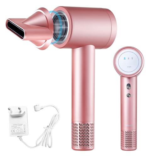 Föhn Kabellos, Ionen Kabelloser Haartrockner Fön mit 110,000 U/min Motor, Akku Föhn mit 4 Aufladungsmodi und Magnetdüse, Reisefön für Frauen, Kinder, Outdoor, Camping, Strand (Rosa)