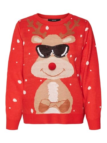 VERO MODA Damen Weihnachts Strick-Pullover VMNew Tinsel Rentier Weihnachten 10309503 Chinese Red Artwork S